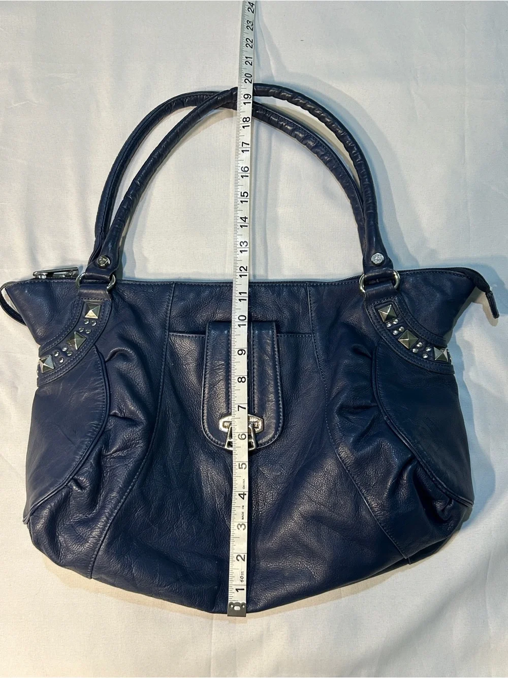 Allison Scott Navy Blue Genuine Leather Shoulder Hobo Style Studded Purse